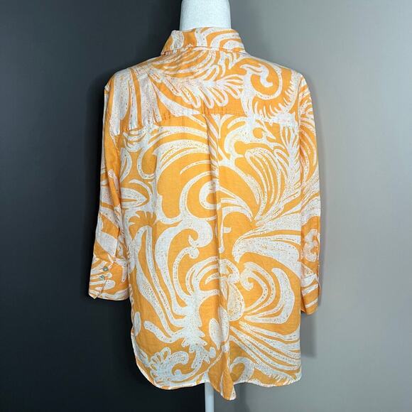 Chico’s Woman’s Orange White Linen Scroll Button Down 3/4 Sleeve Shirt- Size 3 - Picture 3 of 12